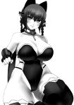  1girl alternate_costume animal_ears bangs bare_shoulders black_legwear black_leotard blush braid breasts cat_ears cleavage closed_mouth collar extra_ears eyebrows_behind_hair foot_out_of_frame greyscale hair_between_eyes haseru_(ginku_mh) kaenbyou_rin large_breasts leotard light_smile long_hair looking_at_viewer monochrome pointy_ears simple_background solo standing standing_on_one_leg strapless strapless_leotard thick_thighs thighhighs thighs touhou twin_braids twintails white_background 