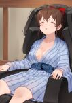  1girl :o bangs blue_kimono blush bow breasts brown_hair cleavage closed_eyes collarbone eyebrows_visible_through_hair floral_print hair_bow idolmaster idolmaster_million_live! japanese_clothes kamille_(vcx68) kimono long_hair long_sleeves massage_chair medium_breasts motion_lines no_bra obi open_mouth ponytail print_kimono red_bow sash satake_minako sitting solo striped striped_kimono wide_sleeves yukata 