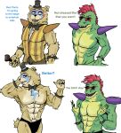  abs alligator alligatorid anthro breasts clothed clothing crocodilian duo five_nights_at_freddy&#039;s five_nights_at_freddy&#039;s:_security_breach glamrock_freddy_(fnaf) green_body hair hi_res male male/male mammal montgomery_gator_(fnaf) muscular muscular_male puffer_puff reptile scalie scottgames simple_background teeth text ursid video_games 