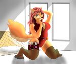  absurd_res anthro bed bedroom breasts canid canine canis clothing dominant dominant_female female furniture furryartwork gun hair hi_res legwear lucareelo lust mammal model on_bed pose ranged_weapon red_hair shoftshade solo stockings suit tactical weapon wolf 