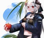  1girl alternate_costume ao_oni_(onioni-aoi) apple arknights bikini black_bikini black_coat blue_sky breasts cleavage closed_mouth coat collar day flower food fruit hair_flower hair_ornament highres holding holding_food holding_fruit horns infection_monitor_(arknights) jewelry large_breasts long_hair long_sleeves looking_at_viewer mudrock_(arknights) mudrock_(silent_night)_(arknights) necklace off_shoulder open_clothes open_coat outdoors outside_border pointy_ears ponytail red_eyes silver_hair sky solo swimsuit yellow_flower 