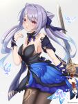  bangs bare_shoulders black_legwear blue_skirt bow breasts bug butterfly cowboy_shot detached_collar dress eyebrows_visible_through_hair from_side genshin_impact grey_background hair_cones highres holding holding_sword holding_weapon keqing_(genshin_impact) long_hair looking_at_viewer medium_breasts pantyhose purple_hair red_eyes skirt strapless strapless_dress sword twintails weapon wrist_cuffs xyomouse 