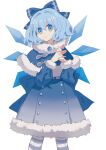  1girl absurdres alternate_costume bangs blue_bow blue_capelet blue_eyes blue_hair blue_jacket blue_legwear bow capelet cirno cowboy_shot eyebrows_visible_through_hair fur_trim gradient_dress hair_bow highres ice ice_wings jacket long_sleeves looking_at_viewer open_mouth own_hands_together plaid plaid_bow shocho_(shaojiujiu) short_hair simple_background solo standing striped striped_legwear touhou two-tone_legwear white_background white_legwear wings winter_clothes 
