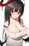  1girl absurdres bare_shoulders black_hair black_wings blue_archive breasts cleavage collarbone dark_halo fang furrowed_brow futon_fly_away halo highres large_breasts long_hair looking_at_viewer naked_towel open_mouth red_eyes skindentation solo sweat towel tsurugi_(blue_archive) upper_body very_long_hair wings 