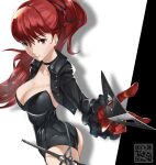  1girl ass bangs bare_shoulders black_leotard black_mask breasts choker cropped_jacket gloves highres holding holding_mask indy_k jacket large_breasts leotard looking_at_viewer mask mask_removed open_clothes open_jacket persona persona_5 persona_5_the_royal ponytail qr_code red_eyes red_gloves red_hair solo strapless strapless_leotard sword two-tone_background weapon yoshizawa_kasumi 