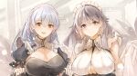  2girls azur_lane bangs blush braid breasts charybdis_(azur_lane) cleavage closed_mouth commentary_request hermione_(azur_lane) large_breasts long_hair looking_at_viewer maid maid_headdress multiple_girls parted_lips sea_nami silver_hair smile twin_braids upper_body white_headwear 
