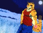  afezeria1844 anthro big_muscles blue_bottomwear blue_clothing blue_eyes blue_pants bottomwear clothed clothing cloud felid landscape light looking_at_viewer male mammal moon moonlight morenatsu muscular night outstretched_hand pantherine pants plant shirt sky smile snow solo standing star tank_top tiger topwear torahiko_(morenatsu) tree video_games visual_novel winter 