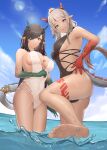  2girls :d :o arknights armpits ass bare_legs bare_shoulders barefoot black_hair black_swimsuit blue_eyes blue_sky breasts casual_one-piece_swimsuit choker cleavage cloud colored_skin covered_navel dated day dragon_girl dragon_horns dragon_tail dusk_(arknights) earrings feet gradient_skin green_hair green_skin hair_over_one_eye highres horizon horns jewelry large_breasts leg_tattoo leg_up lens_flare long_hair multicolored_hair multiple_girls nian_(arknights) o-ring ocean one-piece_swimsuit outdoors parted_lips pointy_ears ponytail red_eyes red_hair red_skin siblings sidelocks signature sisters sky smile soles somnuss standing standing_on_one_leg streaked_hair swimsuit tail tail_ornament tail_ring tattoo toes two-tone_hair very_long_hair water white_choker white_swimsuit 