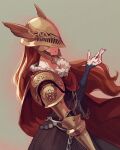  1girl armor brown_background brown_hair chain colored_skin covered_eyes cowboy_shot elden_ring feet_out_of_frame hand_up helmet helmet_over_eyes highres jiro_(ninetysix) long_hair malenia purple_skin red_hair red_robe shoulder_armor simple_background winged_helmet 