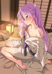  1girl bangs barefoot bath_yukata blush breasts eyebrows_visible_through_hair feet futon hair_down highres hiiragi_kagami hotaru_iori ichimi_renge indoors japanese_clothes kimono lantern long_hair long_sleeves looking_at_viewer lucky_star off_shoulder purple_eyes purple_hair revision sitting sliding_doors small_breasts smile soles solo toes very_long_hair wet wide_sleeves yukata 