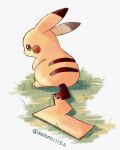  animal_focus brown_eyes commentary_request creature full_body grass highres kotone11152 no_humans pikachu pokemon pokemon_(creature) solo standing twitter_username white_background 