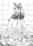  1girl absurdres athies backless_dress backless_outfit barefoot breasts dress english_commentary greyscale hair_behind_ear highres holding holding_hair hololive hololive_english long_hair monochrome ninomae_ina&#039;nis pointy_ears seiza sideboob single_thighhigh sitting sketch soles solo thighhighs topless very_long_hair virtual_youtuber 