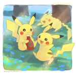  :d arm_up artist_name blue_flower border bottle closed_mouth commentary_request flower grass highres holding holding_bottle ketchup_bottle kikuyoshi_(tracco) light_rays looking_back lying no_humans open_mouth pikachu pokemon pokemon_(creature) signature smile tongue tree white_border 