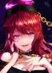  1girl bangs bare_shoulders black_choker black_shirt blush buckle chain choker collarbone commentary_request ear_piercing earrings eyelashes fangs gold_chain hand_on_own_face head_tilt hecatia_lapislazuli highres jewelry legacy_of_lunatic_kingdom looking_at_viewer lower_teeth medium_hair mononobe_kanako off-shoulder_shirt off_shoulder open_mouth parted_lips piercing polos_crown profile red_eyes red_hair red_nails shiny shiny_hair shirt sidelocks solo teeth touhou upper_teeth 
