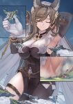  1girl absurdres aircraft airship animal_ears arm_behind_head armpits asymmetrical_legwear black_dress blue_hair breasts brown_hair closed_eyes cloud detached_sleeves dress extra_ears eyebrows_visible_through_hair floating_island frilled_sleeves frills galleon_(granblue_fantasy) giant giantess gloves granblue_fantasy hair_between_eyes highres horns large_breasts long_hair multicolored_hair pelvic_curtain pointy_ears seo_tatsuya single_leg_pantyhose single_thighhigh sky sleeveless sleeveless_dress smile standing streaked_hair thigh_strap thighhighs white_gloves 