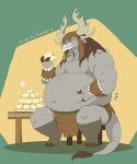  2022 anthro belly bottomwear bovid bovine clothing dreamworks food grey_body kai_the_collector kemono kung_fu_panda loincloth male mammal overweight overweight_male pla0net5lai8ka simple_background sitting solo 