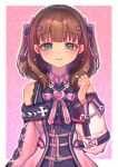  1girl absurdres blue_eyes blush brown_hair closed_mouth cross cross_earrings earrings eyebrows_visible_through_hair highres idolmaster idolmaster_cinderella_girls idolmaster_cinderella_girls_starlight_stage jewelry looking_at_viewer medium_hair qiu_ju sakuma_mayu smile solo upper_body 