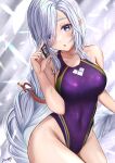  1girl absurdres bangs bare_arms blue_eyes blush breasts competition_swimsuit covered_navel genshin_impact hair_between_eyes hair_over_one_eye highres holding large_breasts long_hair looking_at_viewer nori_chazuke one-piece_swimsuit open_mouth purple_swimsuit shenhe_(genshin_impact) signature silver_hair solo swimsuit very_long_hair 