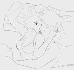  anthro bed bra breasts canid canine cheek_tuft chest_tuft clothed clothing cuddling duo facial_tuft female fox furniture hair hand_on_cheek human looking_at_another lying male male/female mammal midriff monochrome on_back on_bed on_side pillow simple_background sketch tuft under_covers underwear wetchop whiskers 