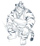  2022 absurd_res anthro belly bottomwear clothing cute_fangs felid hi_res humanoid_hands huynhduyad14 kemono male mammal navel overweight overweight_male pantherine shirt shorts simple_background sitting sketch solo tiger topwear white_background 