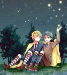  2boys ascot blanket blonde_hair blue_eyes blue_hair child dio_brando forest jojo_no_kimyou_na_bouken jonathan_joestar kneehighs multiple_boys nature necktie night night_sky niku_harumaki phantom_blood red_eyes sitting sky sock_garters star_(sky) starry_sky striped striped_legwear sweater v-neck younger 