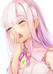  1girl absurdres blush bow bowtie chestnut_mouth closed_eyes earrings emilia_(re:zero) highres jewelry jun_wmrx3848 long_hair open_mouth pink_bow pink_bowtie pointy_ears portrait re:zero_kara_hajimeru_isekai_seikatsu silver_hair simple_background solo straight_hair white_background yawning 