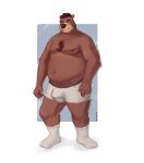  2020 absurd_res anthro belly brown_body bulge clothing hi_res humanoid_hands male mammal moobs navel nipples overweight overweight_male rovindeer solo underwear ursid 