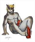  4_toes absurd_res anthro blonde_hair canid canine canis claws feet green_eyes hair hi_res knot luoluokun517 male mammal masturbation paw_job pawpads solo toe_claws toes wolf 