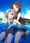  2girls black_hair blue_sky blue_swimsuit brown_eyes building cloud collarbone cowboy_shot day eyebrows_visible_through_hair flat_chest grey_hair hachimaki headband high_ponytail kakizaki_(chou_neji) kantai_collection light_brown_hair long_hair low-tied_long_hair multiple_girls old_school_swimsuit one-piece_swimsuit outdoors partially_submerged ponytail pool school_swimsuit shouhou_(kancolle) siblings sisters sky swimsuit tree water zuihou_(kancolle) 
