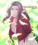  1girl aerith_gainsborough bow braid brown_hair cropped_jacket dress final_fantasy final_fantasy_vii final_fantasy_vii_remake flower green_eyes hair_ribbon highres jacket jewelry kurita_shin&#039;ichi long_hair looking_at_viewer pink_bow pink_dress ribbon smile solo 