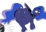  airsicksubset angry big_butt blue_body blue_feathers butt camera equid equine feathered_wings feathers female feral friendship_is_magic hi_res horn huge_butt looking_back mammal my_little_pony princess_luna_(mlp) thick_thighs winged_unicorn wings 