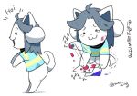  bodily_fluids canid canine clothed clothing felid fur hair mammal mao_ming paint pawpads paws simple_background solo tears tem temmie_(undertale) text topwear undertale undertale_(series) video_games white_body white_fur 