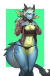  2022 anthro blep bovid_horn bra breasts campfire_(buttocher) caprine_horn cleavage clothed clothing digital_media_(artwork) dragon female goat_horn green_eyes green_hair hair hi_res horn jacket long_hair looking_at_viewer multicolored_hair non-mammal_breasts open_clothing open_jacket open_topwear panties panties_around_legs pgm300 reptile scalie simple_background smile solo solo_focus sports_bra teeth tongue tongue_out topwear underwear wingless_dragon 