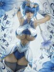  1girl armpits arms_behind_head bangs black_legwear blue_eyes blue_flower blue_hair blunt_bangs breasts detached_sleeves double_bun earrings flower gloves holding holding_staff jewelry large_breasts league_of_legends looking_at_viewer lux_(league_of_legends) official_alternate_costume porcelain_lux rain_wzq short_hair skindentation smile solo staff thighhighs white_background 