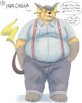  2022 anthro belly bottomwear bulge clothing english_text hat headgear headwear hi_res male nintendo overweight overweight_male pants pok&eacute;mon pok&eacute;mon_(species) raichu shirt smoking solo suspenders text topwear trashtoonz video_games 