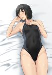  1girl amagami black_hair black_swimsuit breasts brown_eyes cowboy_shot finger_oi_mouth groin highres looking_at_viewer lying nanasaki_ai short_hair small_breasts solo swimsuit thigh_gap ykh1028 