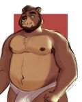  2020 absurd_res anthro belly brown_body bulge facial_piercing hi_res humanoid_hands male mammal moobs navel nipples nose_piercing nose_ring overweight overweight_male piercing rovindeer simple_background solo ursid 