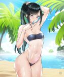  1girl adjusting_hair arm_up artist_logo ass bangs bare_shoulders beach black_hair breasts cloud covered_navel cowgirl_position ear_piercing earrings english_commentary flor_(freshtango) forehead freshtango grey_eyes gris_swimsuit hair_tie_in_mouth high_ponytail highleg highleg_swimsuit highres jewelry looking_at_viewer medium_breasts meme_attire mole mole_under_eye mouth_hold navel original outdoors palm_tree parted_bangs piercing sand see-through_swimsuit sky solo straddling swimsuit thighs tree water wet wide_hips 