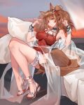  1girl angelina_(arknights) angelina_(summer_flowers)_(arknights) animal_ears arknights bracelet breasts brown_hair choker eyebrows_visible_through_hair feihuanjiang fox_ears fox_tail full_body hair_between_eyes hair_ribbon hairband highres jewelry long_hair looking_at_viewer medium_breasts necklace official_alternate_costume one-piece_swimsuit red_hairband red_ribbon red_swimsuit ribbon sandals shawl sitting solo striped striped_hairband swimsuit tail two-tone_hairband 
