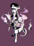  1boy black_coat black_headwear chandelure closed_mouth coat collared_shirt fire flame grey_eyes hat holding holding_paper huan_li ingo_(pokemon) male_focus necktie pants paper pokemon pokemon_(creature) pokemon_(game) pokemon_bw purple_background shirt shoes sideburns simple_background striped_coat white_shirt 