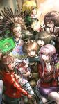  3boys 4girls absurdres ahoge alter_ego_(danganronpa) alternate_costume asahina_aoi birthday black_hair brother_and_sister brown_hair computer danganronpa:_trigger_happy_havoc danganronpa_(series) danganronpa_3_(anime) dark_skin desk dgrp_(minhduc12333) fukawa_touko gift hagakure_yasuhiro highres kirigiri_kyouko laptop multiple_boys multiple_girls naegi_komaru naegi_makoto necktie official_alternate_costume party_popper pink_hair school_desk school_uniform siblings togami_byakuya 