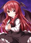  1girl bangs bat_wings black_skirt black_vest blush closed_mouth cowboy_shot eyebrows_visible_through_hair hair_between_eyes head_wings highres koakuma long_hair long_sleeves looking_at_viewer necktie own_hands_clasped own_hands_together petticoat purple_background red_eyes red_hair red_necktie ruu_(tksymkw) shirt sidelocks simple_background skirt smile solo touhou vest white_shirt wind wing_collar wings 