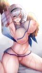  1girl ;d areolae armpits azur_lane bangs black_hairband blush breasts cheerleader gradient gradient_background grey_eyes grey_hair hair_between_eyes hairband highres holding holding_pom_poms large_breasts looking_at_viewer miniskirt navel nipples official_alternate_costume one_eye_closed open_mouth pom_pom_(cheerleading) pussy_juice reno_(azur_lane) reno_(biggest_little_cheerleader)_(azur_lane) see-through seiza semi3_3 short_hair sitting skirt smile solo sweat wariza 