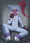  2022 anthro arm_support arm_tuft blush claws collarbone featureless_crotch front_view fur fur_tuft grey_body grey_ears grey_fur hi_res looking_at_viewer nintendo nude pok&eacute;mon pok&eacute;mon_(species) pokemon_legends_arceus red_eyes sitting sneasler solo sum tuft video_games white_claws 