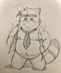  2021 alice_detective_bureau anthro belly blush clothed clothing hat headgear headwear hi_res hotate_shokusu humanoid_hands inspector_arai kemono male mammal moobs navel necktie nipples open_clothing open_shirt open_topwear overweight overweight_male procyonid raccoon shirt sketch solo topwear 