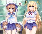  4girls angry blanc_(neptune_series) blonde_hair blue_eyes blush bow breast_envy breasts brown_hair chalkboard classroom eyebrows_visible_through_hair flat_chest giga-tera happy hat hat_bow height_difference indoors large_breasts long_hair multiple_girls neptune_(series) open_mouth pleated_skirt ram_(neptune_series) rom_(neptune_series) school_uniform short_hair short_sleeves siblings sisters skirt twins vert_(neptune_series) very_long_hair 