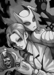  1boy absurdres animal_ears blonde_hair cat_ears collared_shirt diamond_wa_kudakenai formal gloves greyscale highres jojo_no_kimyou_na_bouken killer_queen kira_yoshikage male_focus monochrome necktie no_humans rabbit_(wlsdnjs950) sheer_heart_attack shirt slit_pupils solo stand_(jojo) suit 