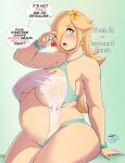  1girl arm_support artist_name big_belly blonde_hair blue_eyes blush bracelet breasts cherry coffeeslice collarbone covered_nipples cowboy_shot double_cherry earrings eating english_text eyebrows_visible_through_hair flower food fruit hair_flower hair_ornament hair_over_one_eye highres huge_breasts jewelry long_hair mario_(series) navel one-piece_swimsuit open_mouth pregnant rosalina simple_background sitting speech_bubble star_(symbol) star_earrings super_mario_galaxy swimsuit thick_thighs thighs underboob 
