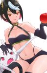  absurdres aderi apple ariel_(kumo_desu_ga_nani_ka?) bare_shoulders black_gloves black_hair black_skirt breasts bug collarbone earrings elbow_gloves fake_horns flat_chest food fruit gloves hair_ornament highres horns jewelry kumo_desu_ga_nani_ka? kumoko_(kumo_desu_ga_nani_ka?) midriff multicolored_hair navel pink_eyes red_eyes short_hair skirt small_breasts spider streaked_hair two-tone_hair white_hair yellow_pupils 