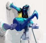  anthro ball_stretching balls genitals hi_res lucario male nintendo pixelated pok&eacute;mon pok&eacute;mon_(species) rear_view saggy_balls solo suspension through_wall tintotuillust video_games 